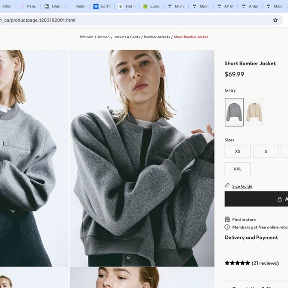 Short Grey Bomber Jacket H & M-Brand new Never Worn! Size large. - Picture 1 of 2